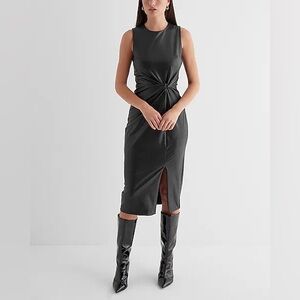 Express Body Contour Faux Leather Twist Front Midi Sheath Dress